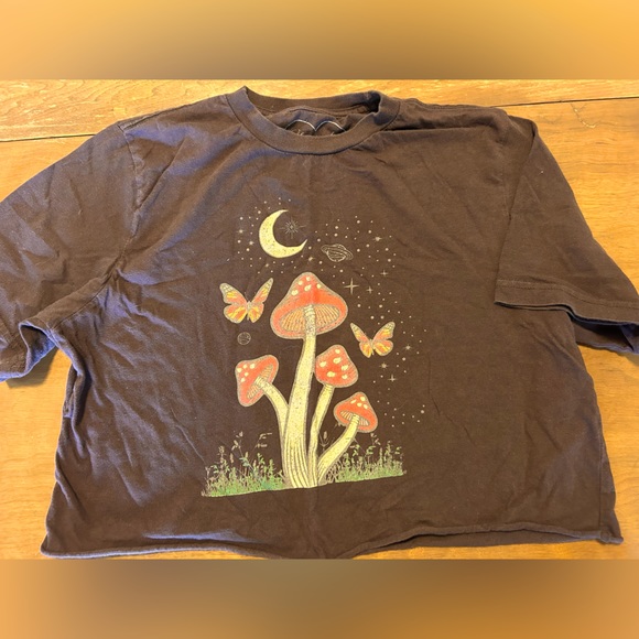 Cropped T w graphic of a crescent moon, mushrooms, stars, planets & butterflies - Picture 2 of 2